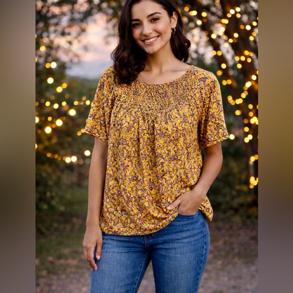 Lucky Brand Smocked Paisley Top Size S/P Mustard Yellow Boho Cotton Modal Blouse - Picture 4 of 10